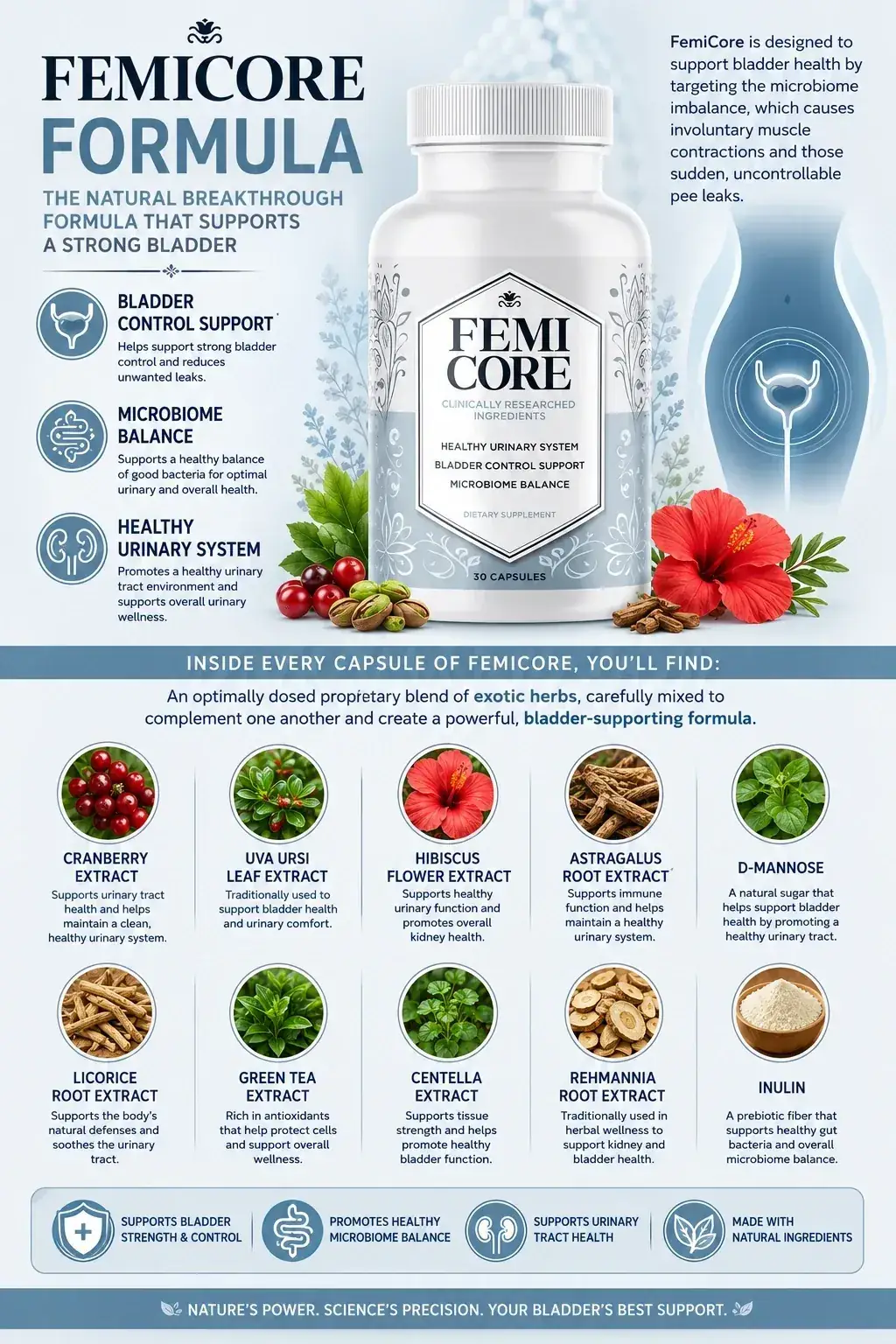 A second FemiCore promotional graphic listing ten ingredients including Hibiscus and D-Mannose