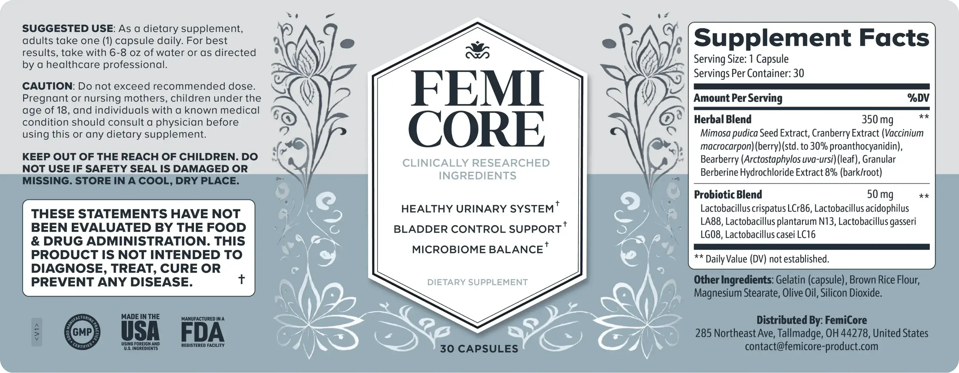 FemiCore Supplement Facts label showing the herbal and probiotic blend totals